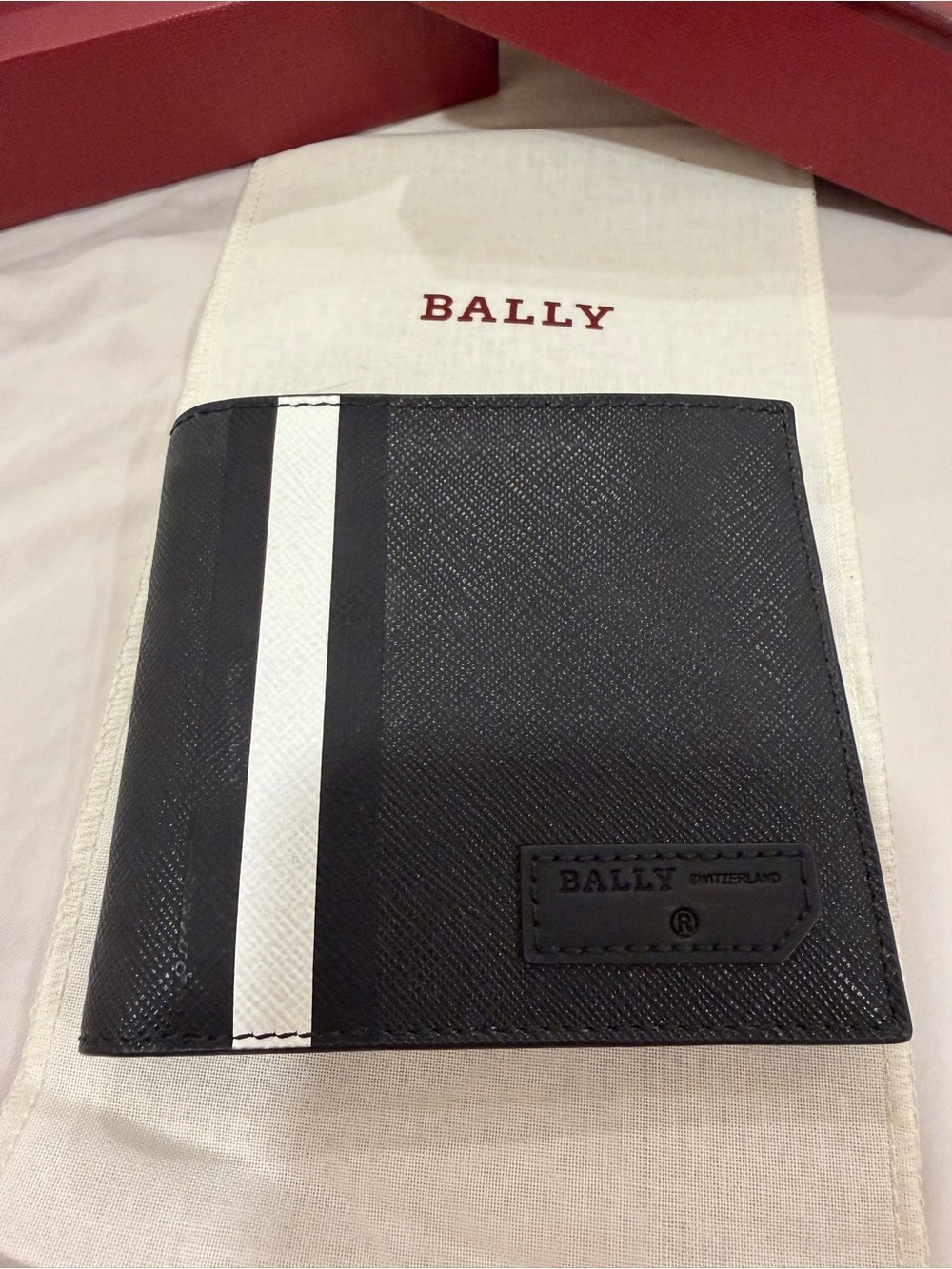Brand New Bally Black Leather Bi-Fold Wallet with White Stripe